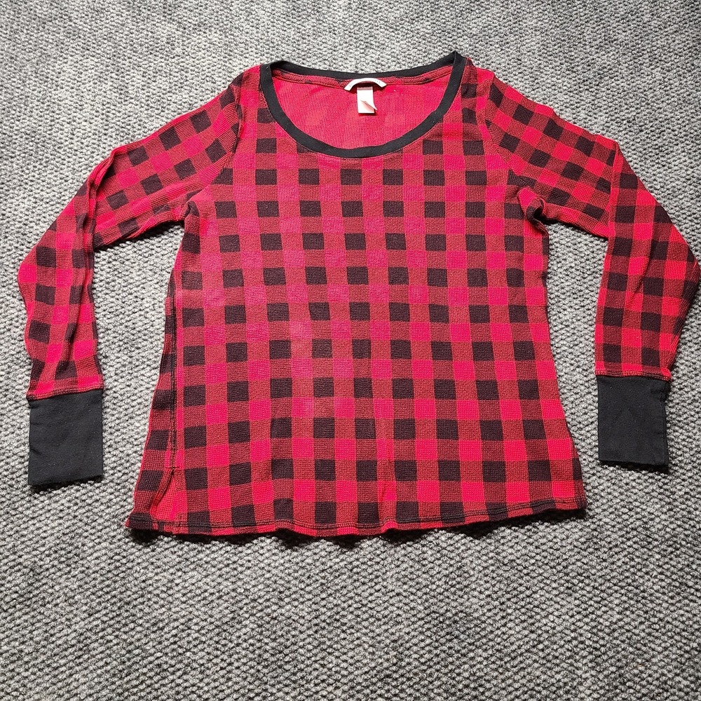 Victoria's Secret Pajama Top Women M Red Black Buffalo Plaid Waffle Knit Thermal